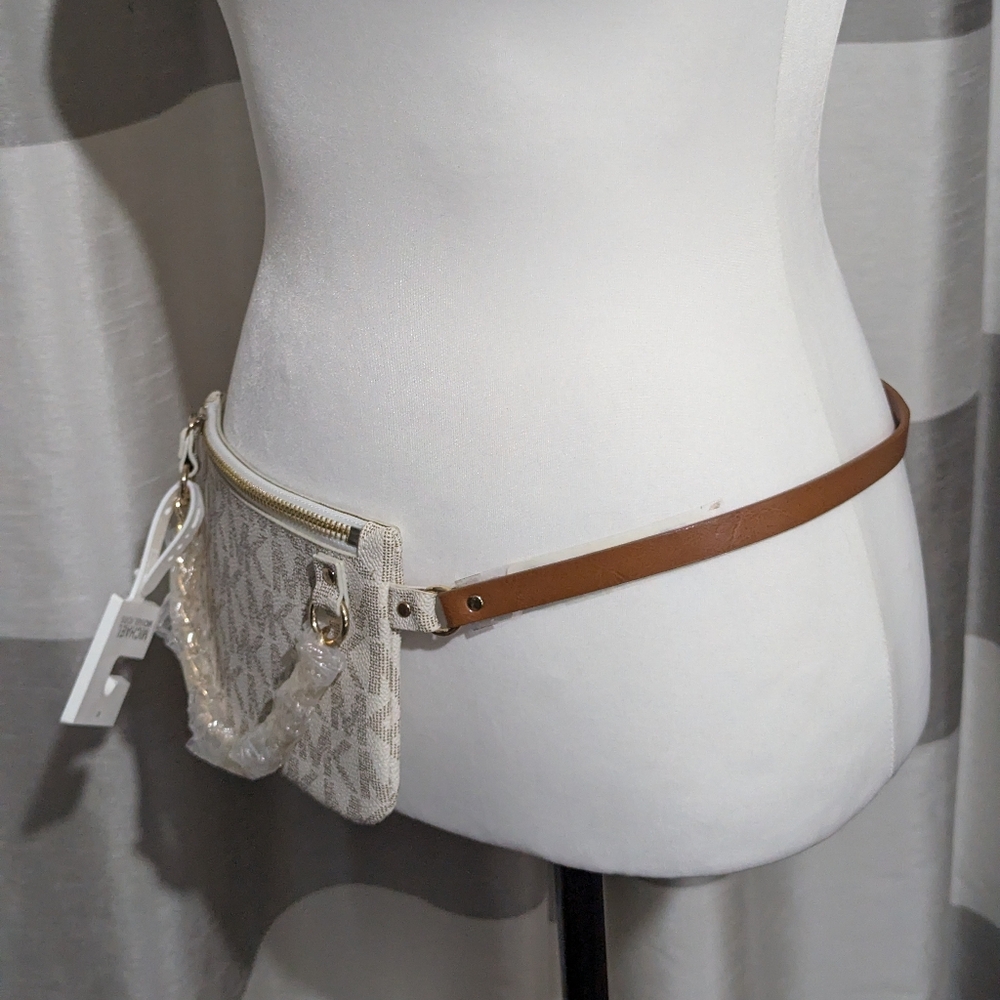 Michael Kors White Beige Logo Chain-Accent Crossbody Belt Bag - Picture 6 of 10